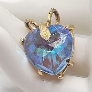 Vintage Blue Heart Crystal Pendant, Lt. Gold Tone, 1", No Chain